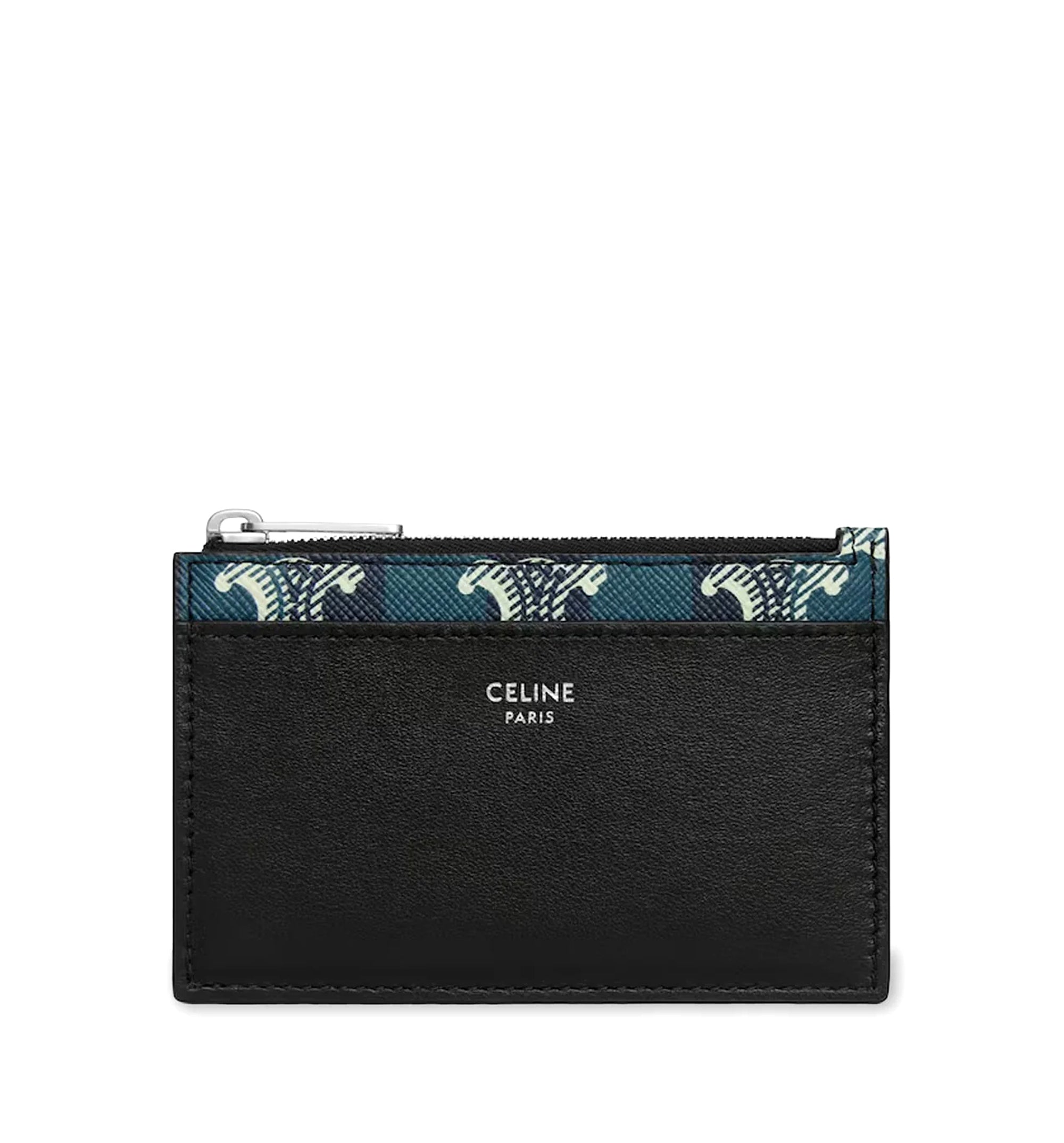 Zipped Card Holder In Striped Triomphe Canvas And Lambskin - Black/ Navy Blue