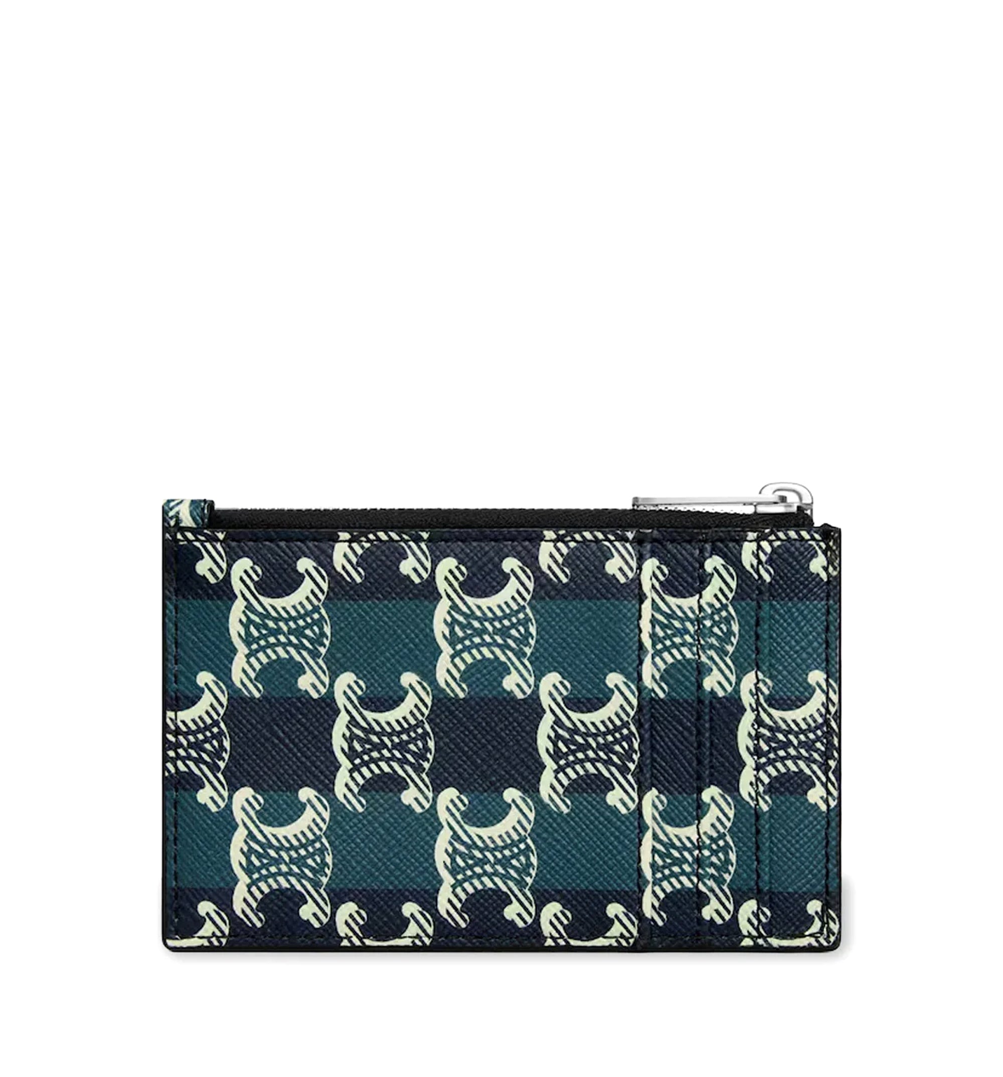 Zipped Card Holder In Striped Triomphe Canvas And Lambskin - Black/ Navy Blue