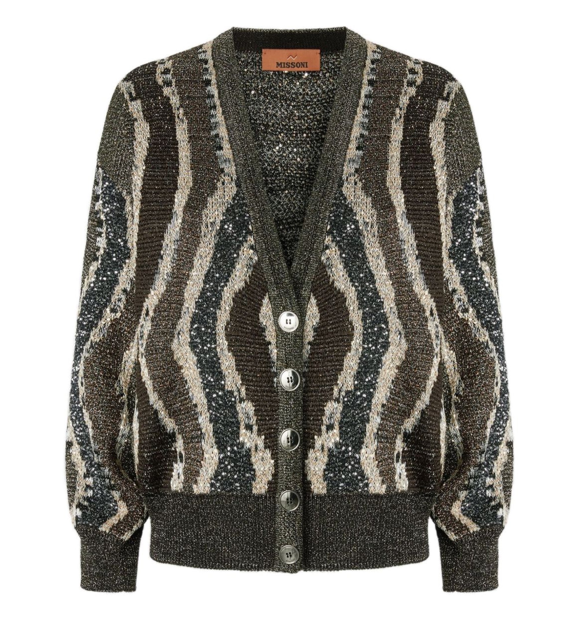 Boxy Cardigan With Buttons And Wave Pattern - Brown