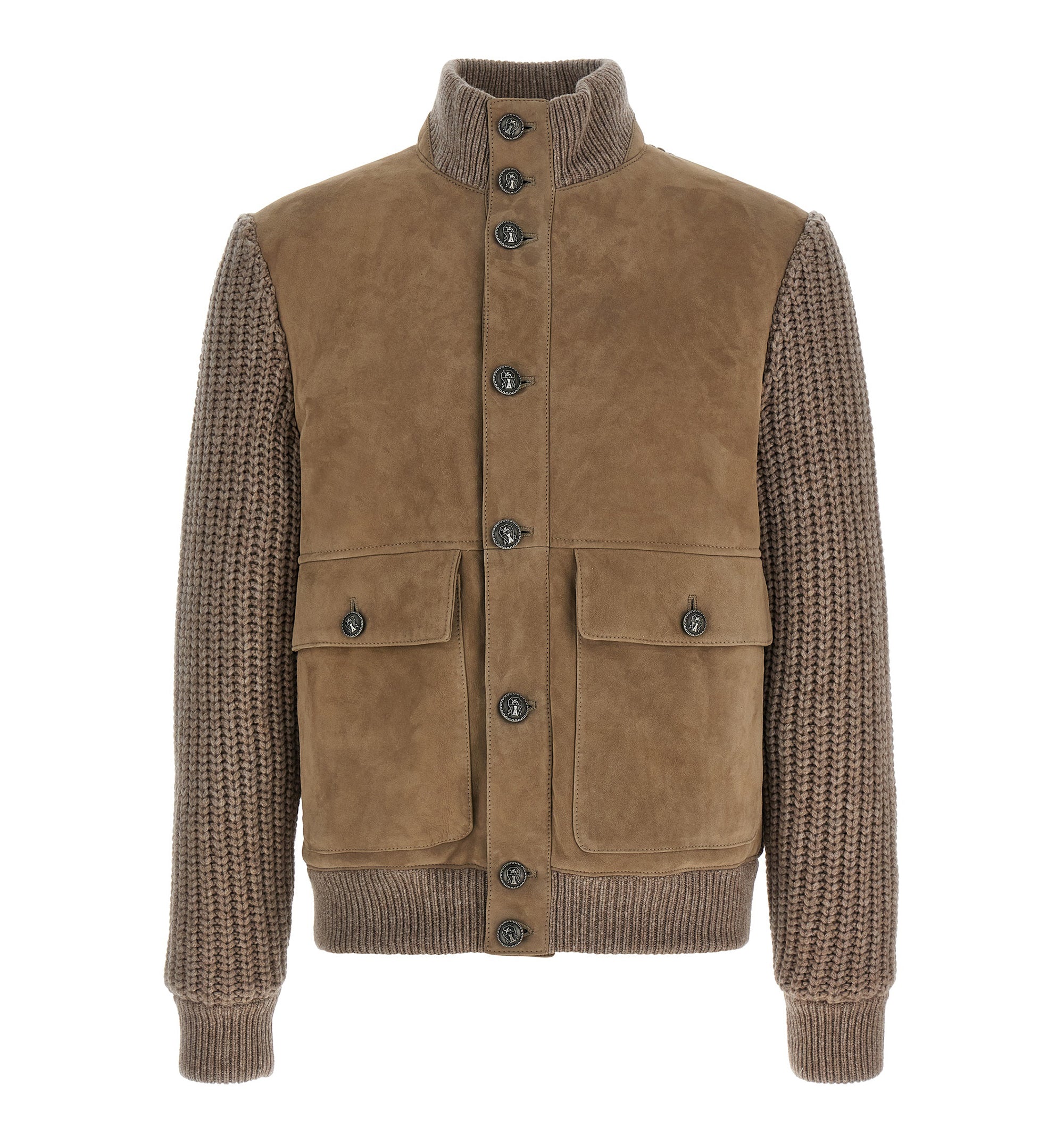Suede Shearling Bomber Jacket With Cashmere Knit Panels