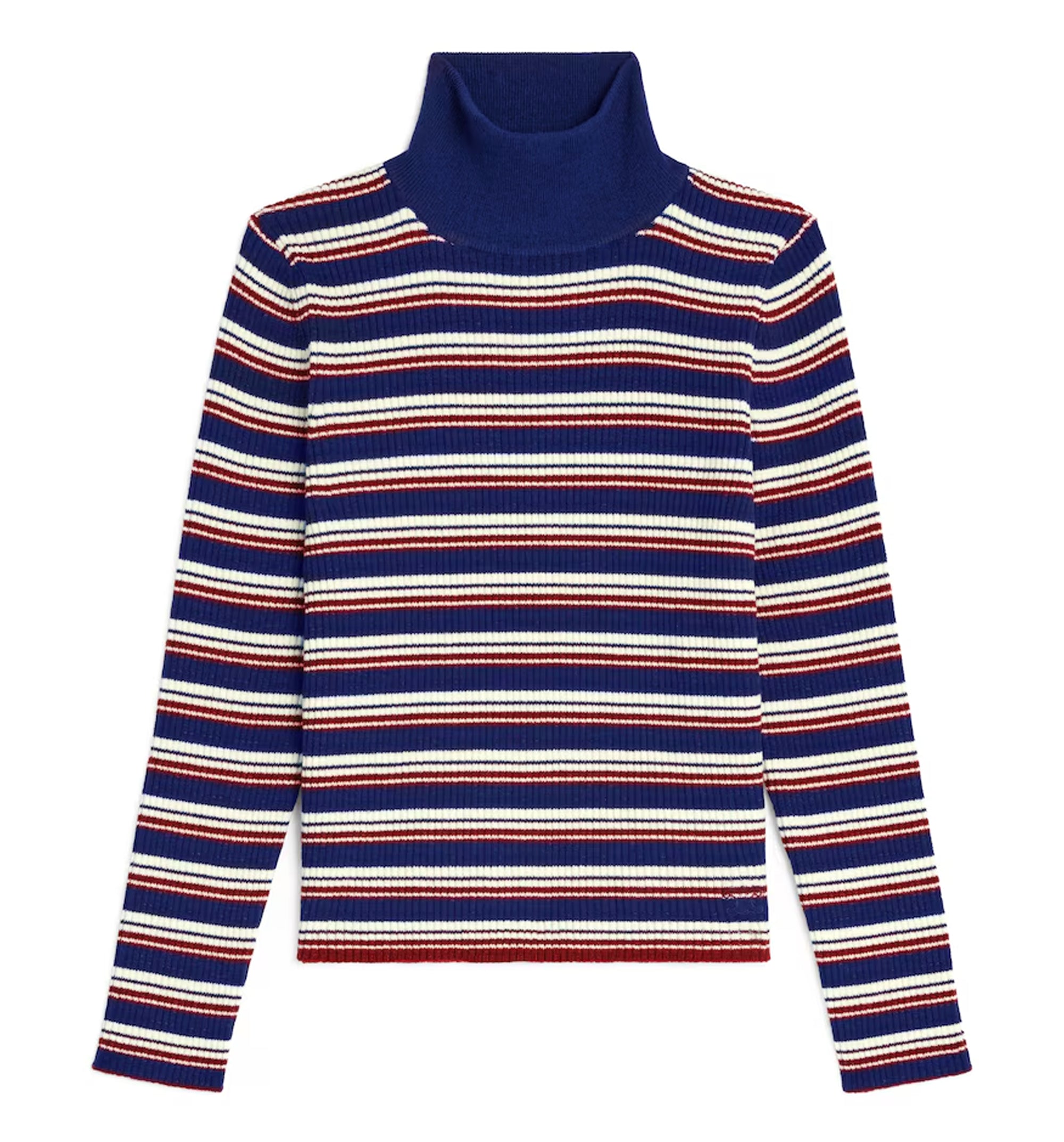 Turtleneck Sweater In Striped Ribbed Wool - Blue/ Ecru/ Red