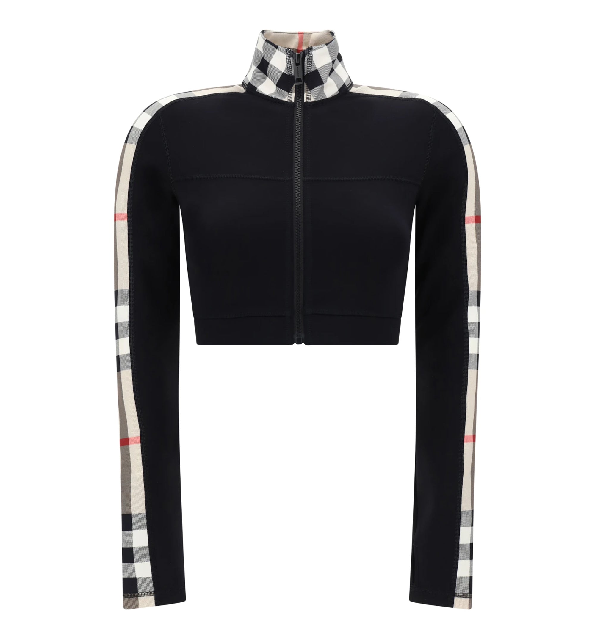 Cropped Check Trim Stretch Jersey Zip Top