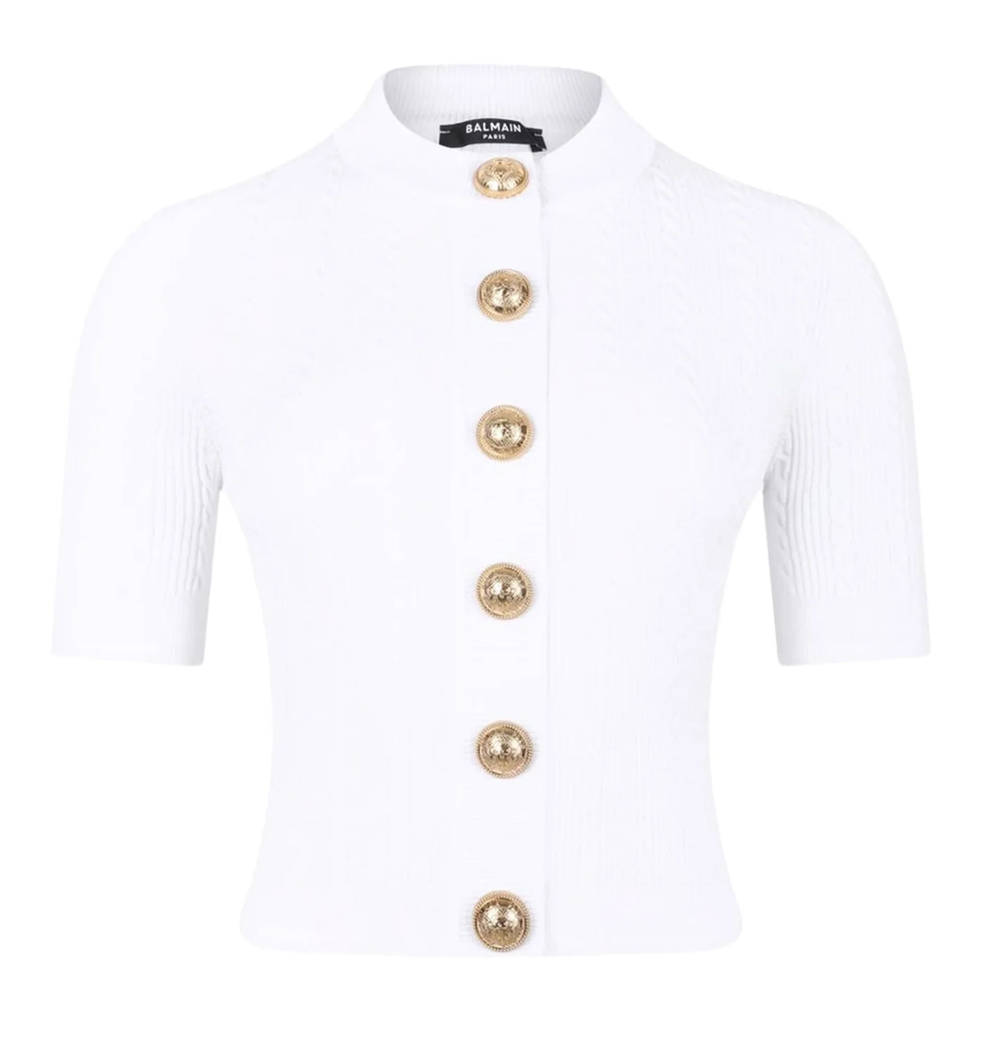 Crewneck Short-Sleeve Ribbed Cardigan