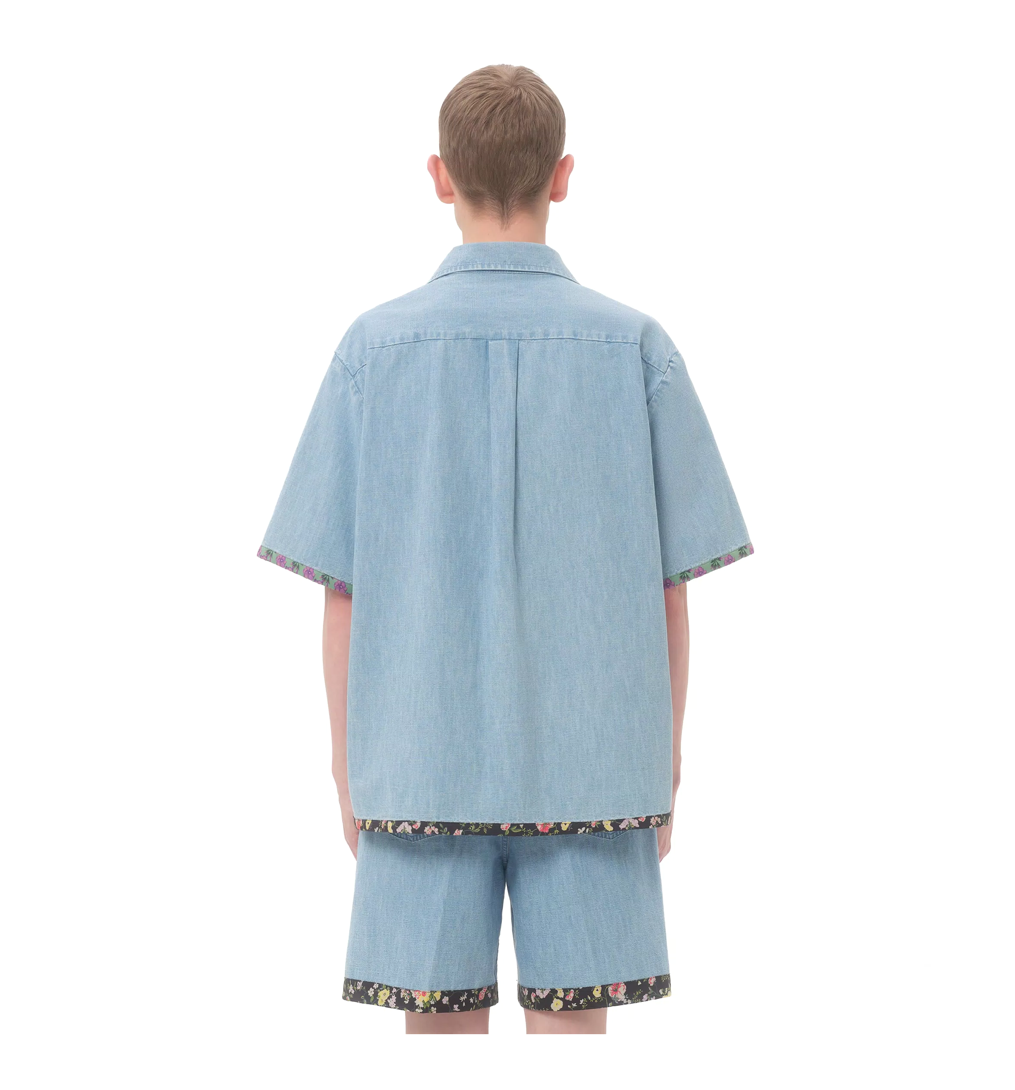 Denim Bowling Shirt With Floral Print Trim