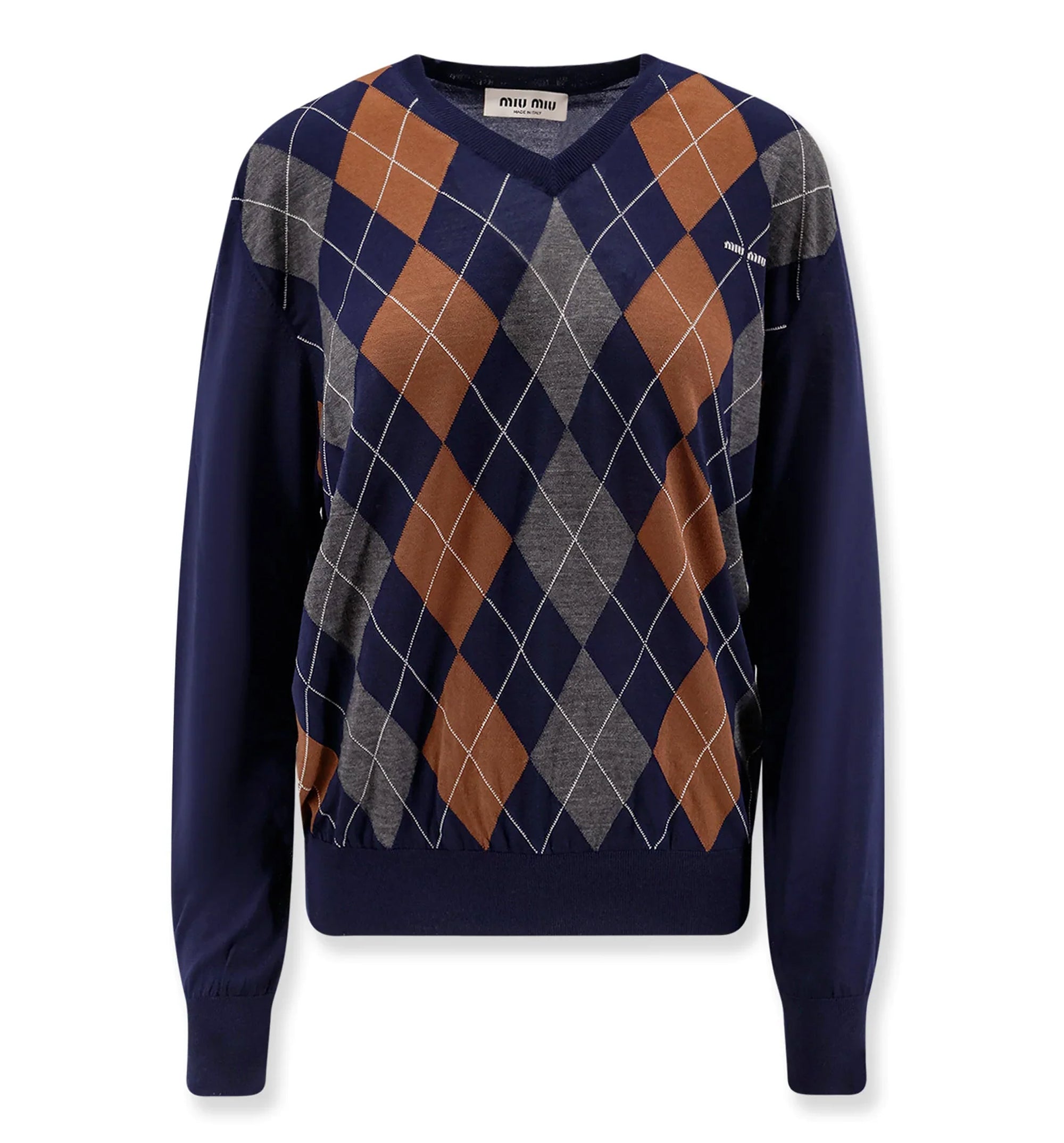 V-Necked Wool Sweater Argyle Intarsia