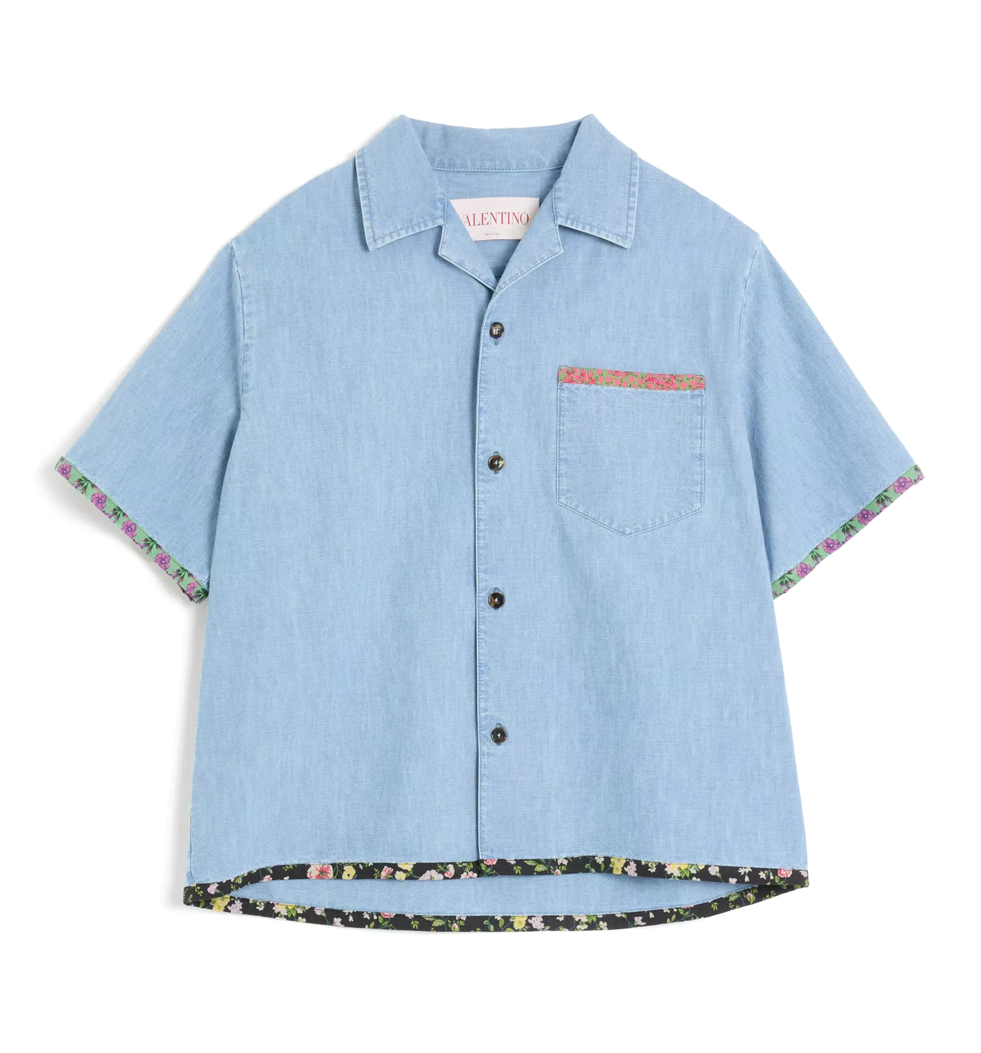 Denim Bowling Shirt With Floral Print Trim