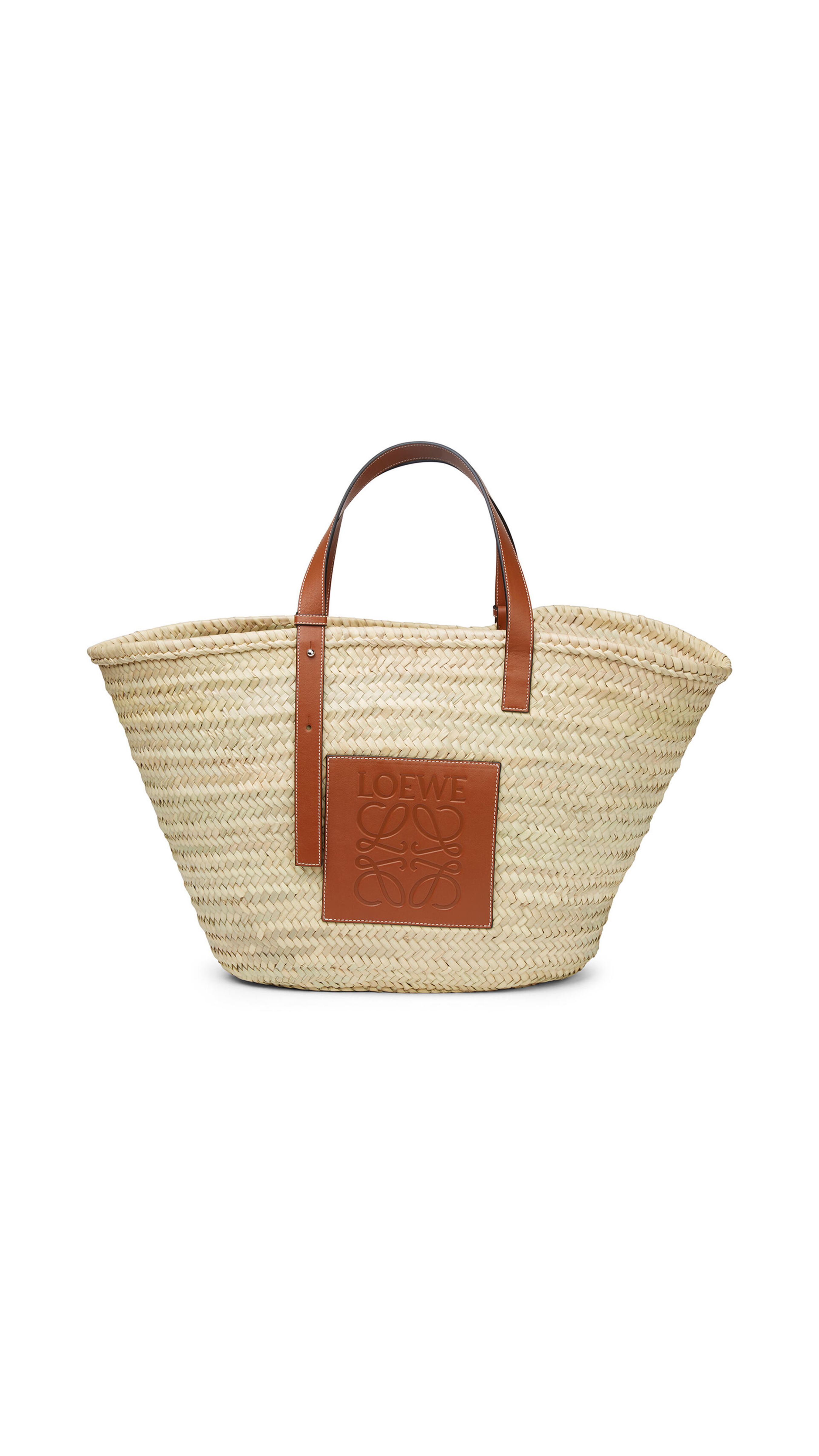 Large Basket Bag in Palm Leaf and Calfskin - Tan