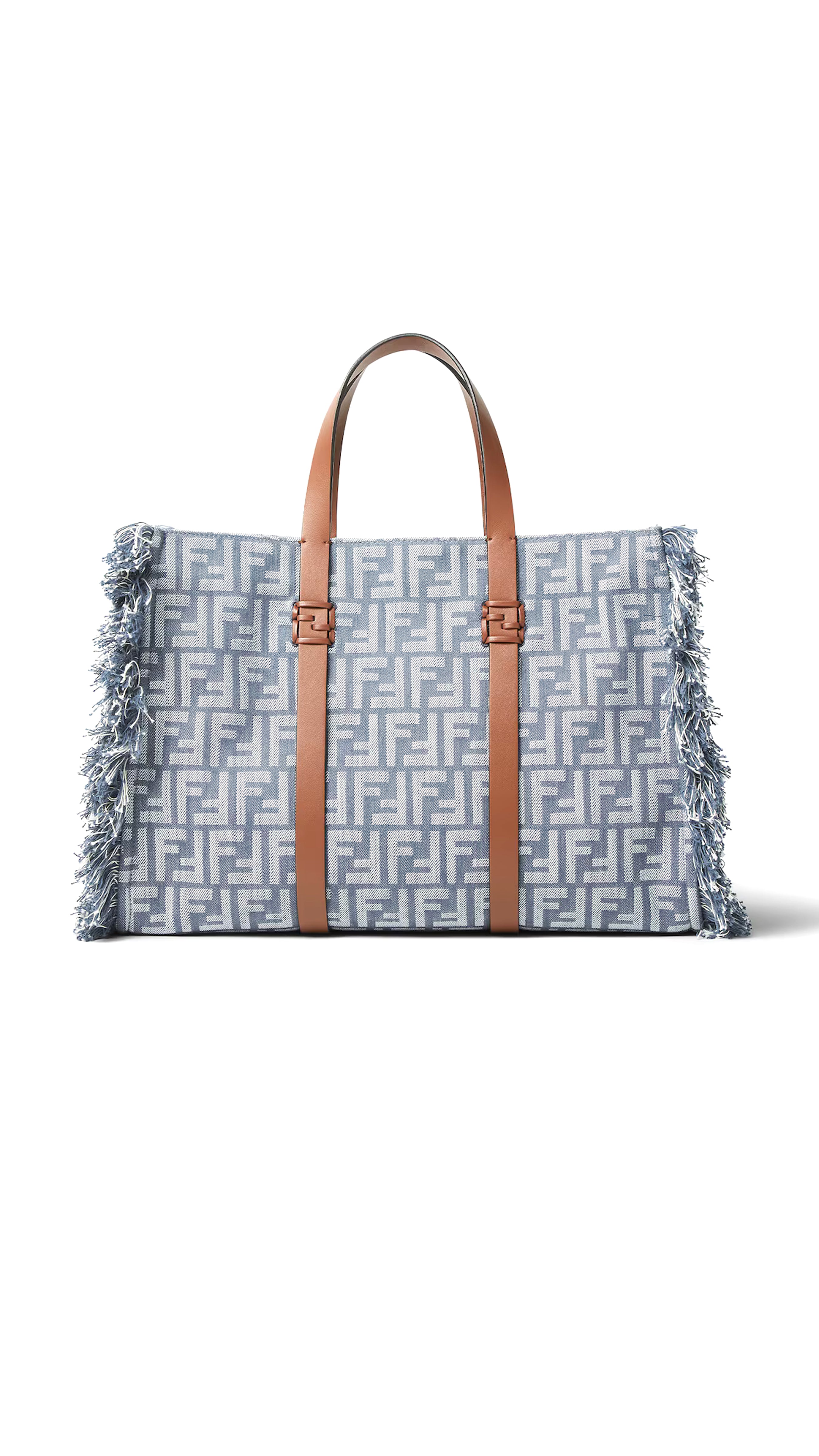 Summer Tote Jacquard Fabric Bag With Raffia Ff - Blue