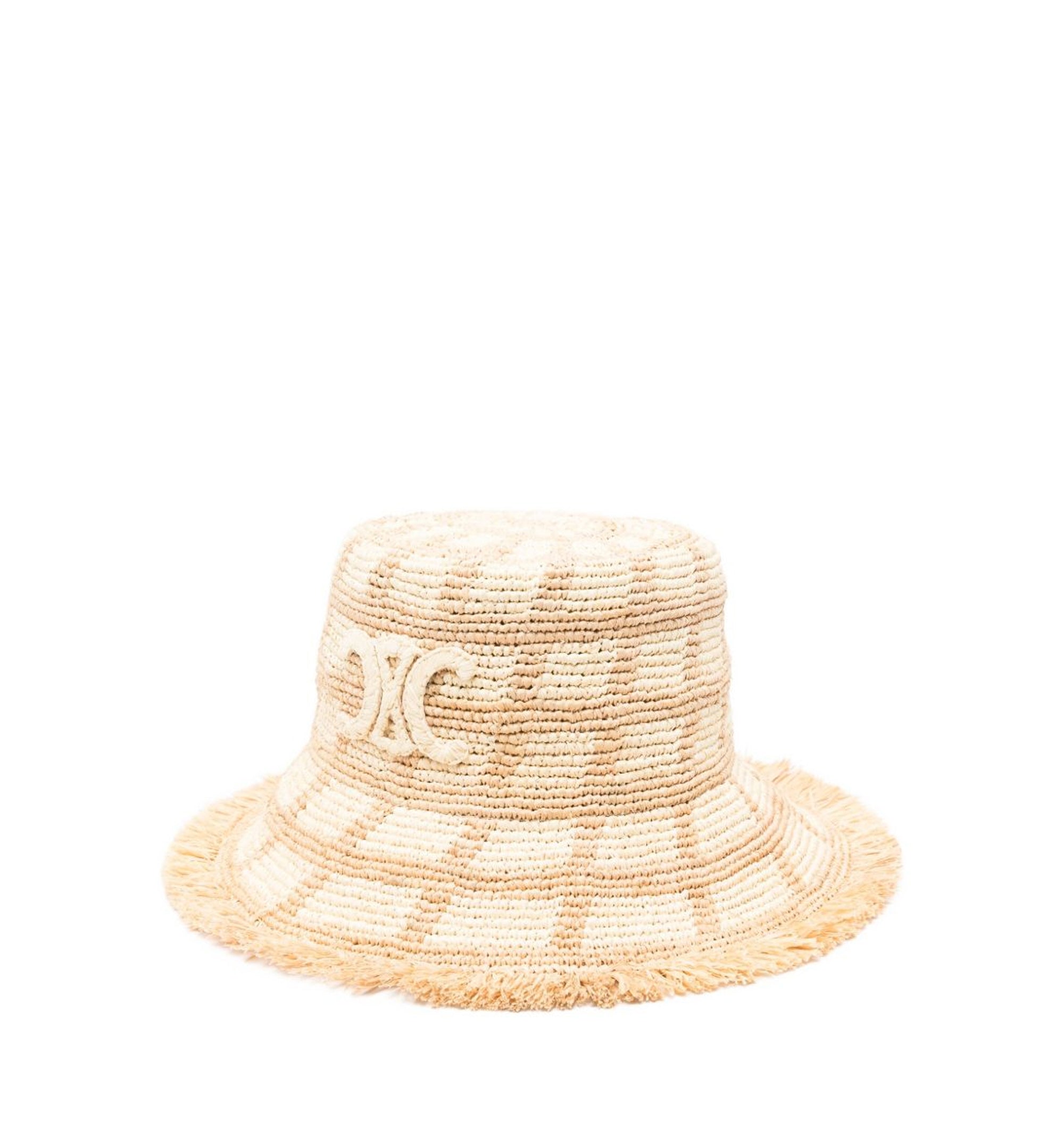 Triomphe Bucket Hat in Check Raffia - Natural/Ecru