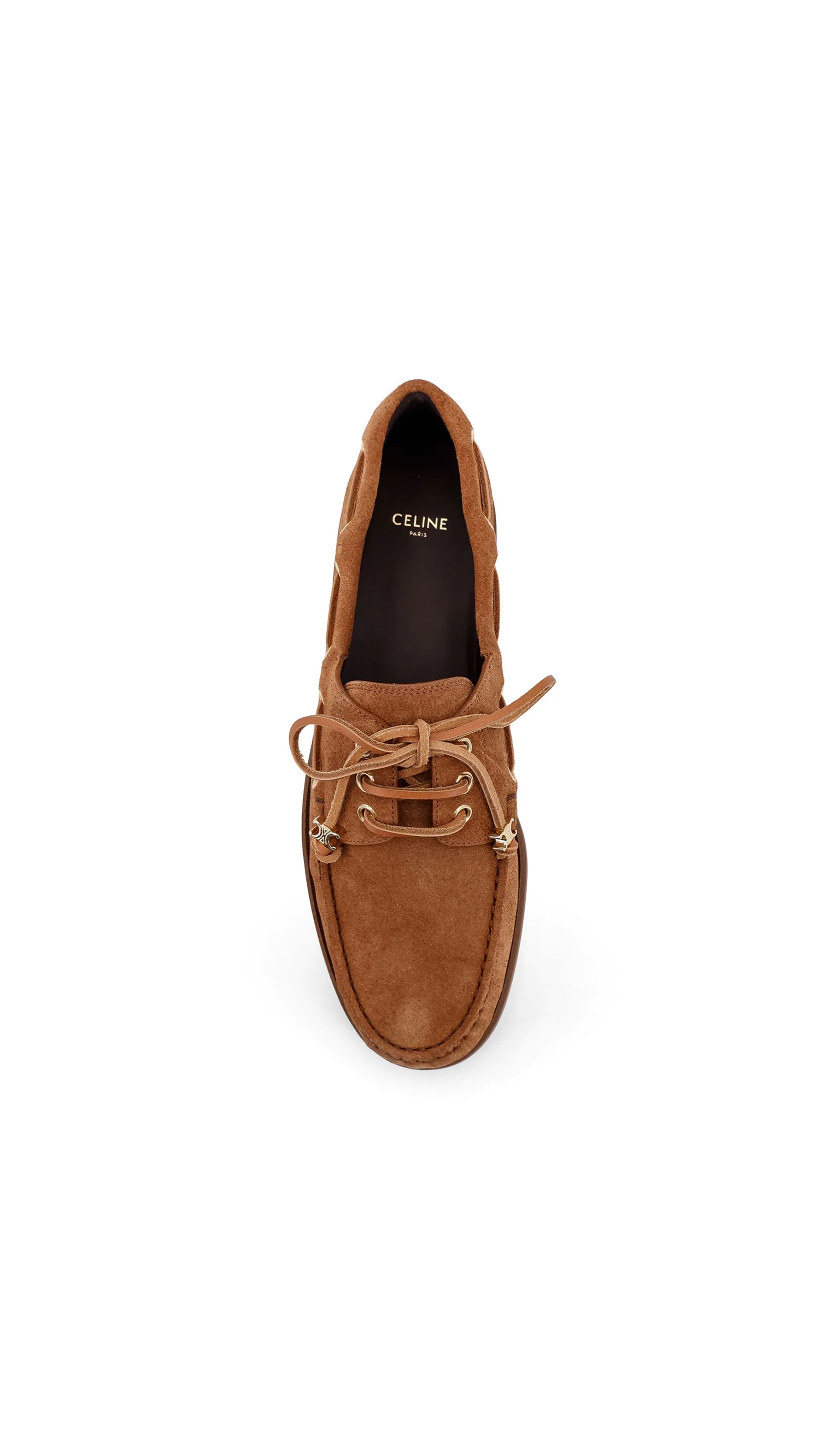 Triomphe Suede Calfskin Boat Shoes - Dark Havana