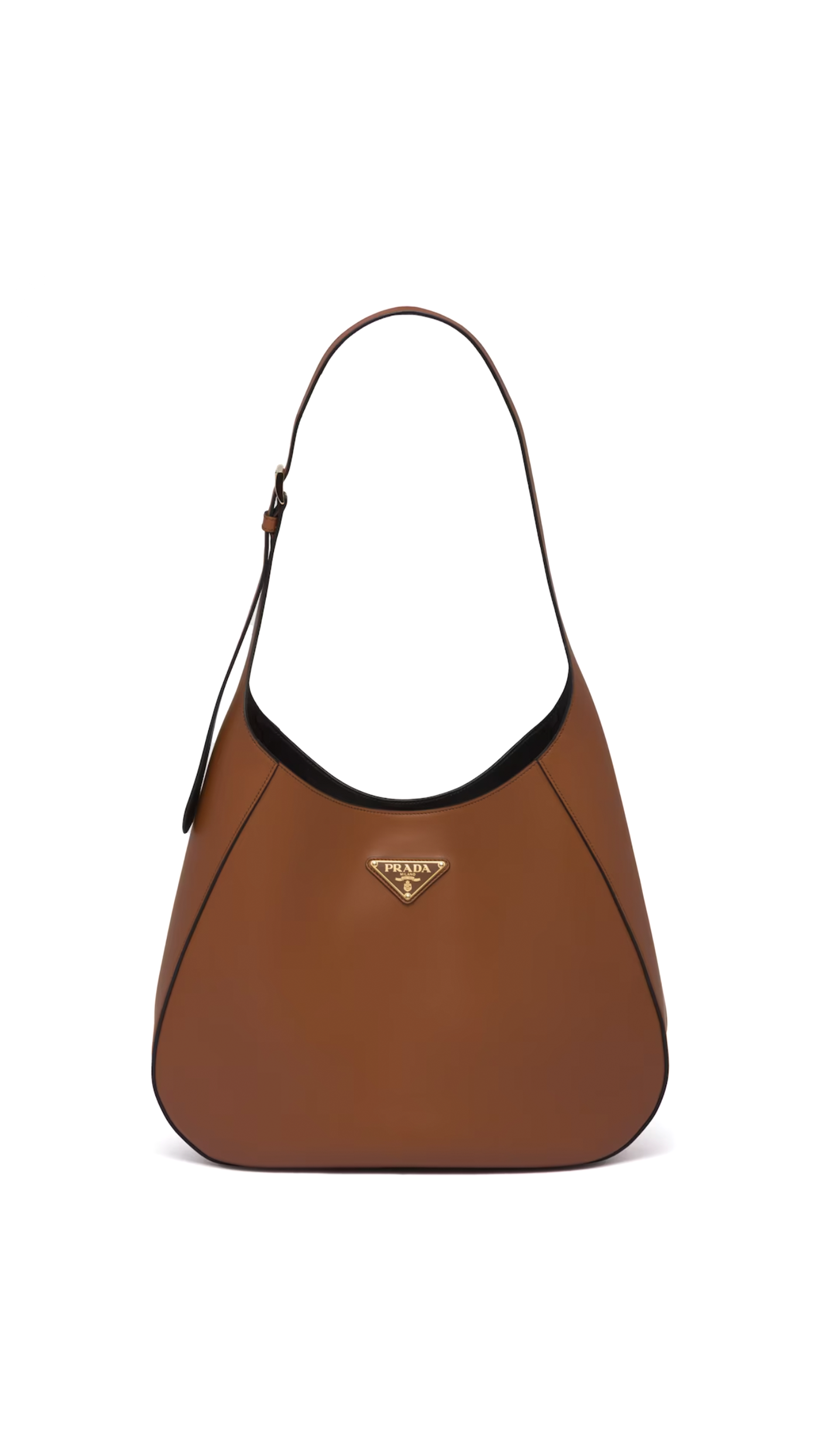 Large Leather Shoulder Bag with Topstitching - Cognac/Black