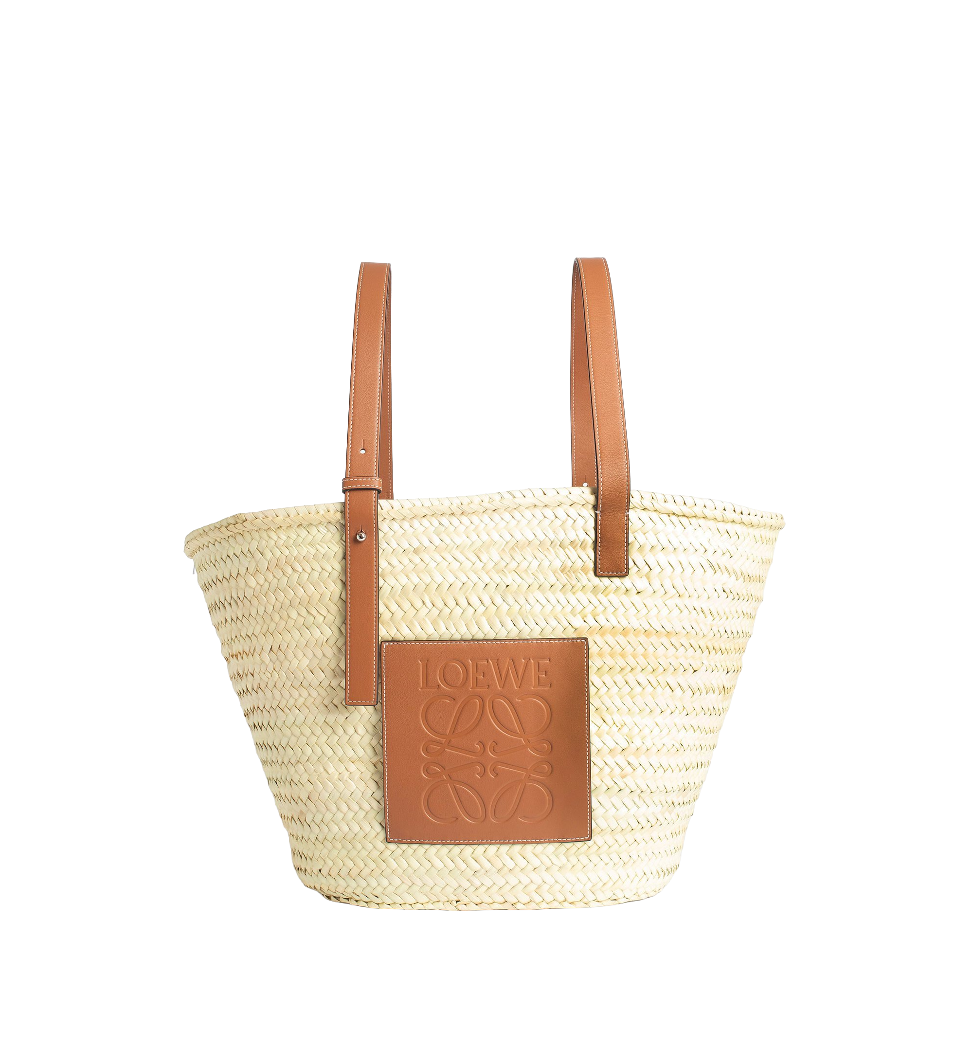 Large Basket Bag in Palm Leaf and Calfskin - Tan