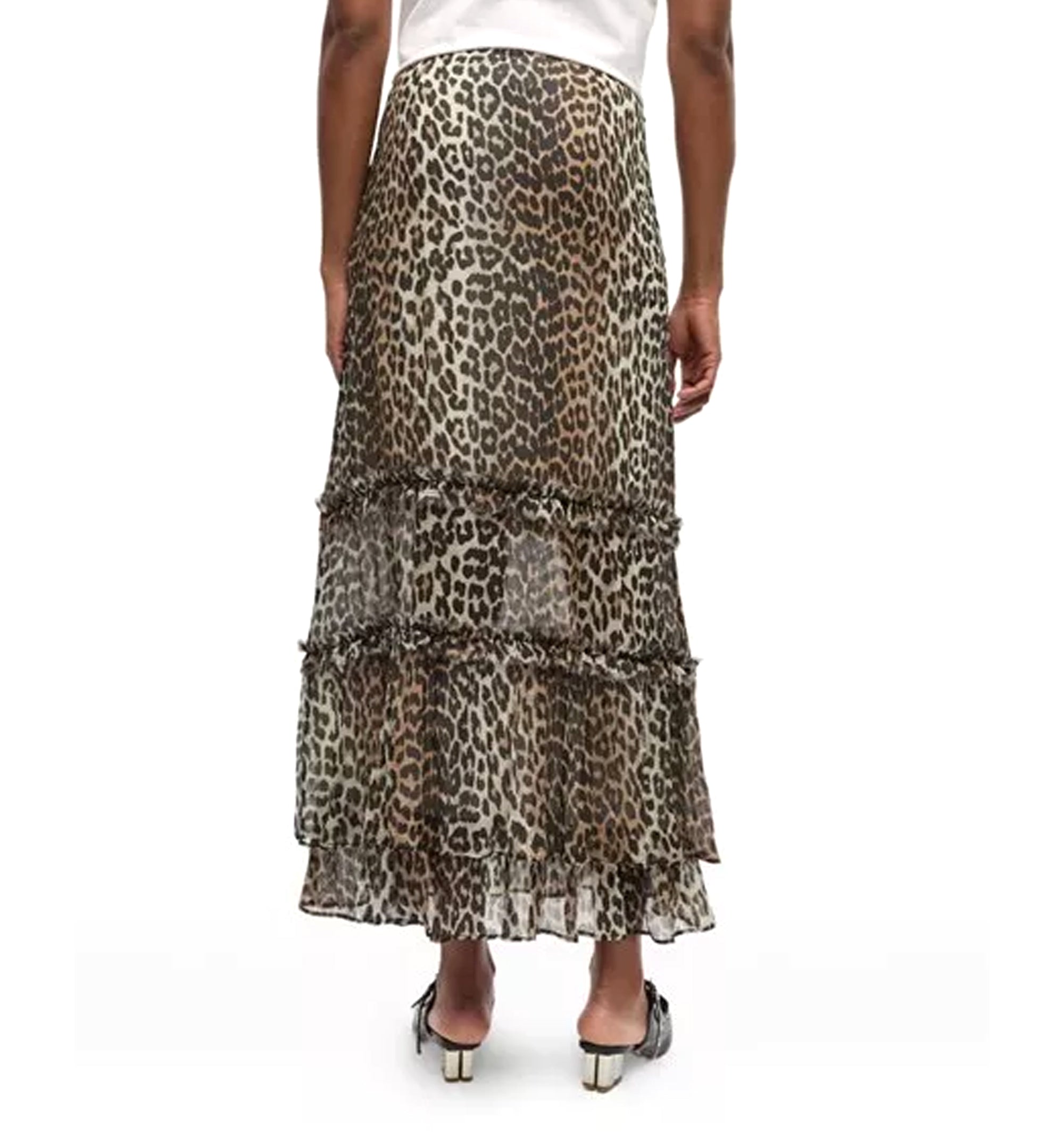Leopard Print Long Chiffon Ruffle Skirt