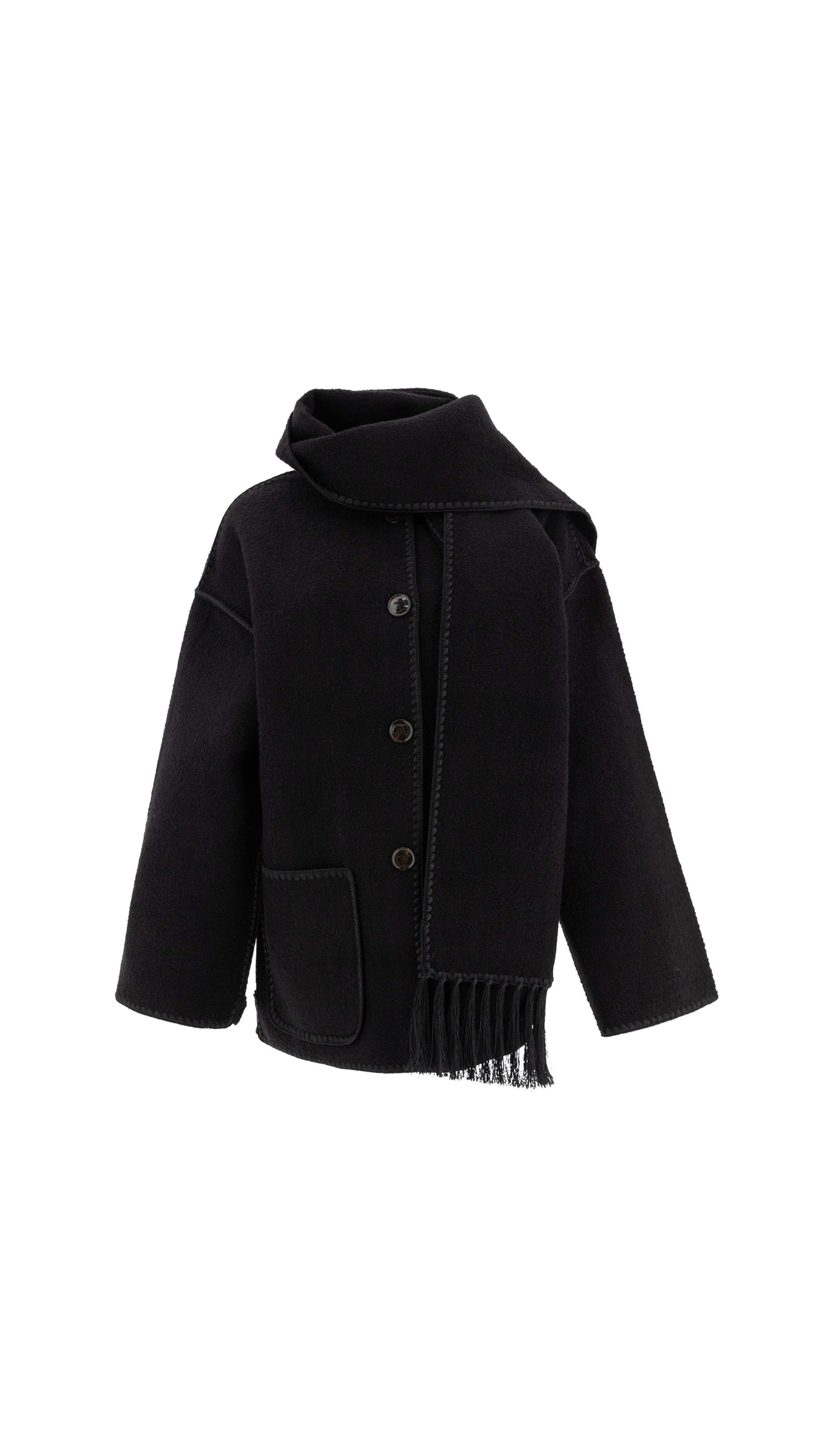 Embroidered Wool-Blend Scarf Jacket - Black