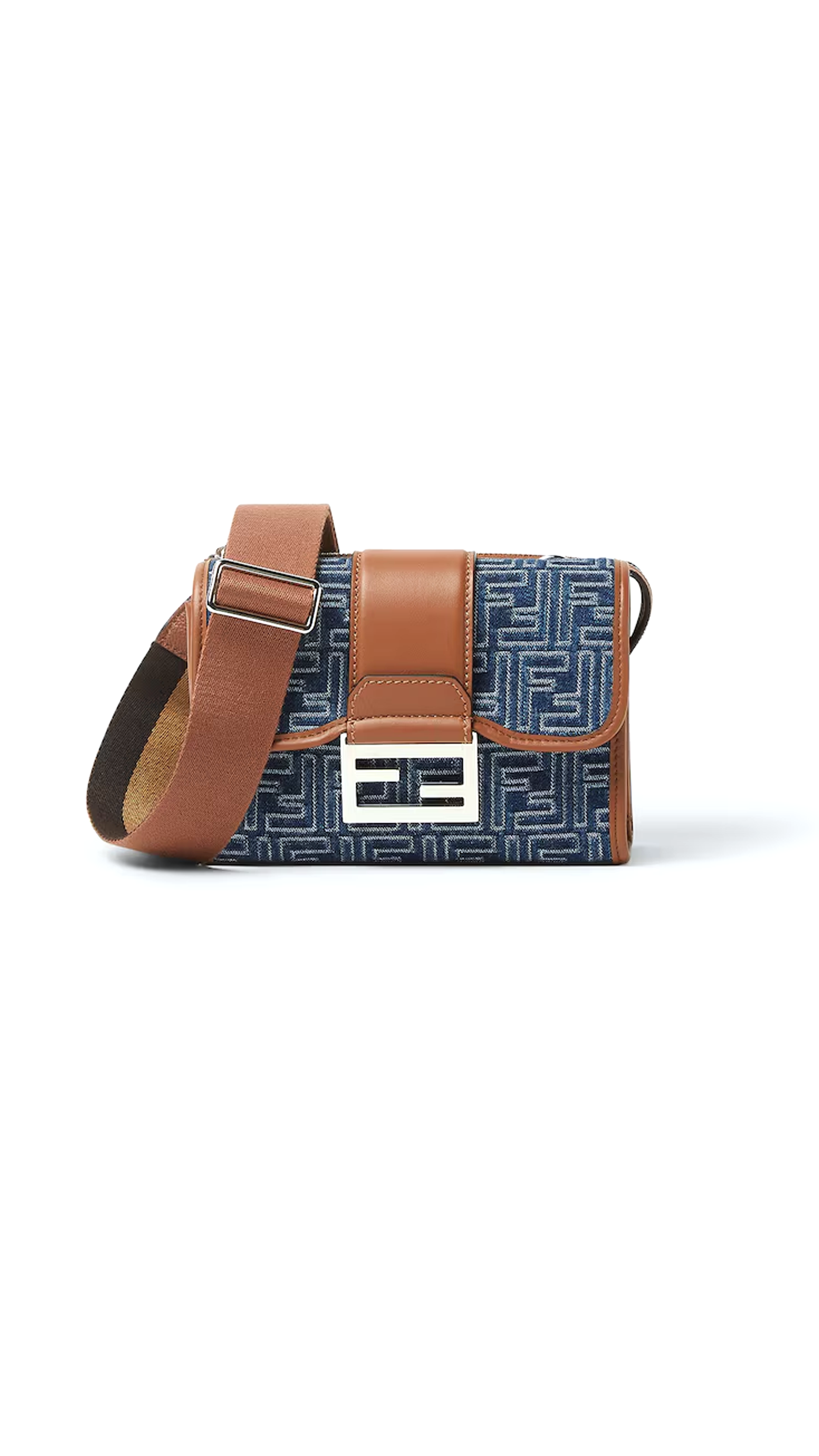 Blue Denim-effect Ff Jacquard And Brown Leather Bag - Blue
