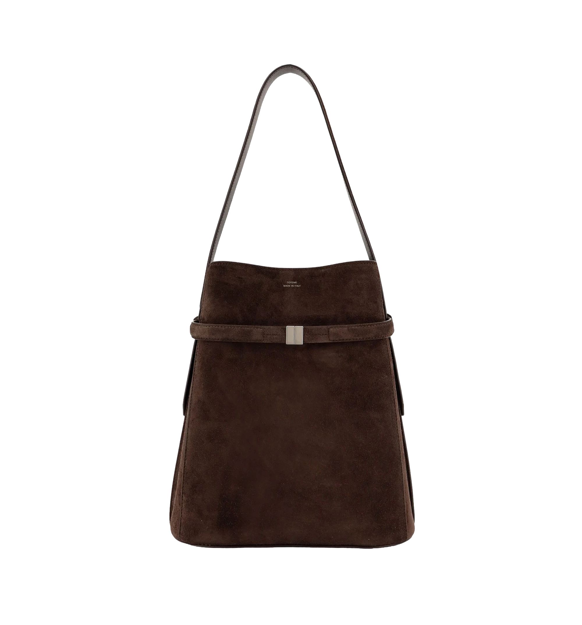 Belted suede bucket bag