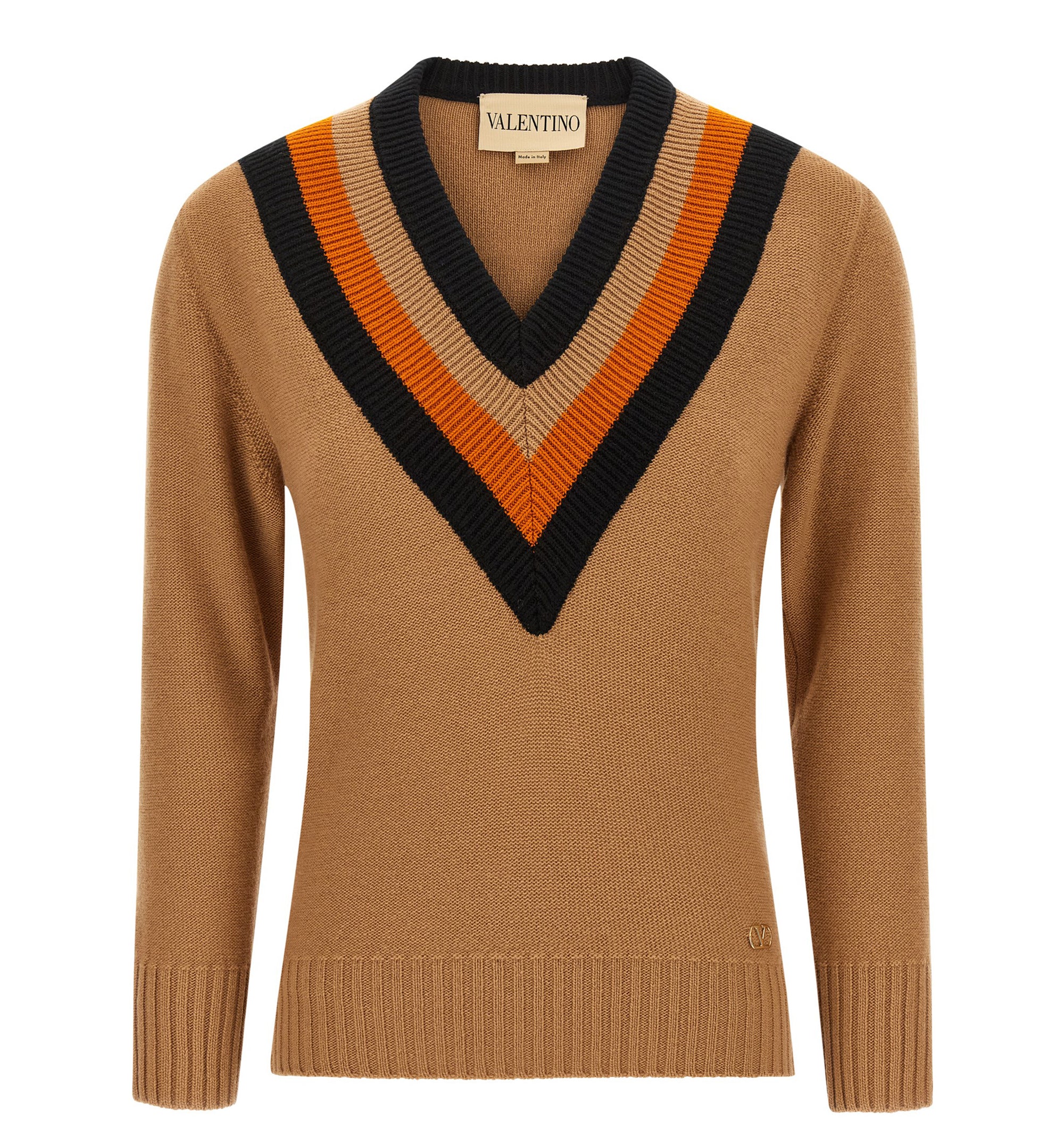 Virgin Wool V-Neck Sweater with Chevron Trim