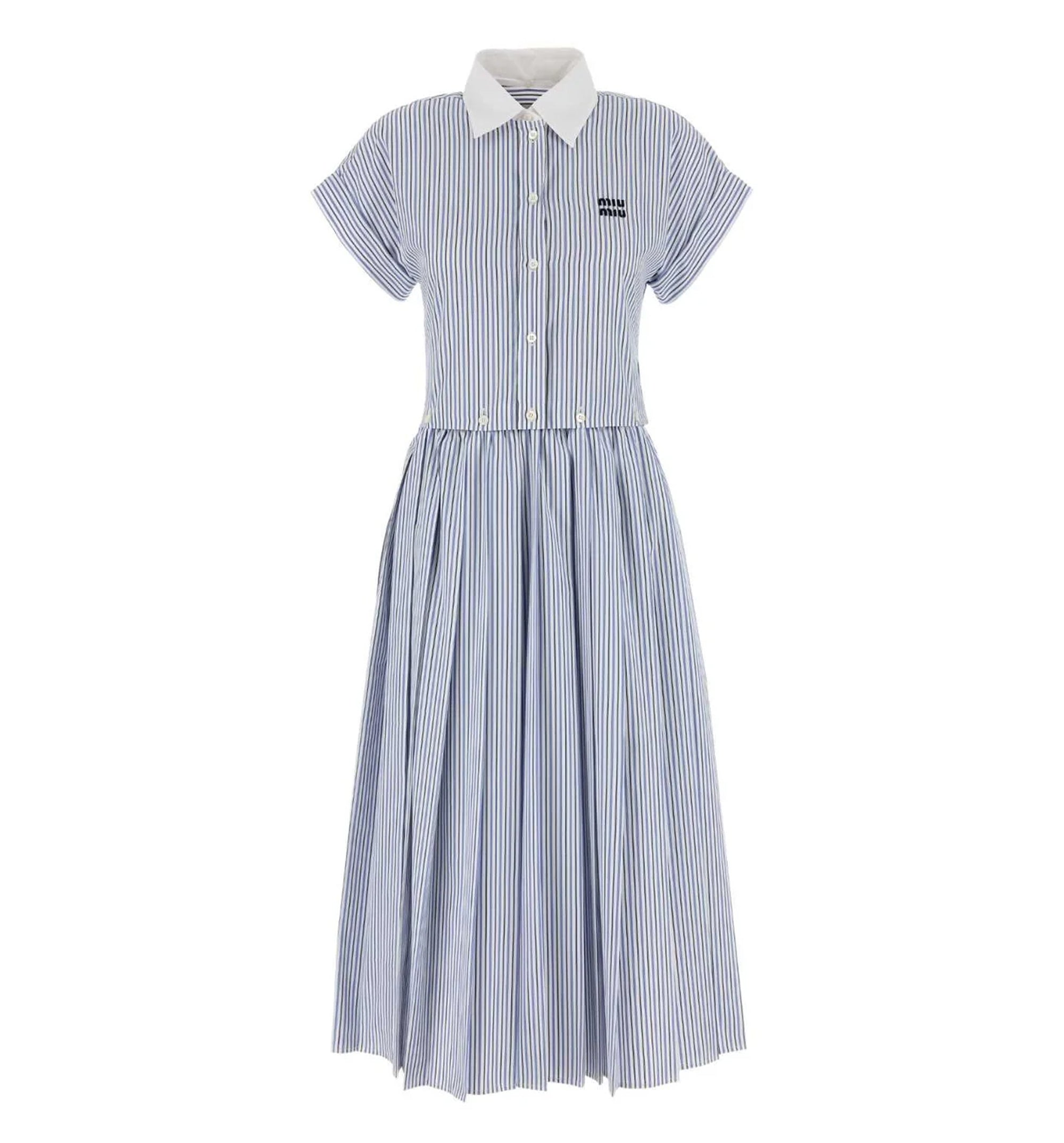 Pleated Striped Poplin Midi-dress