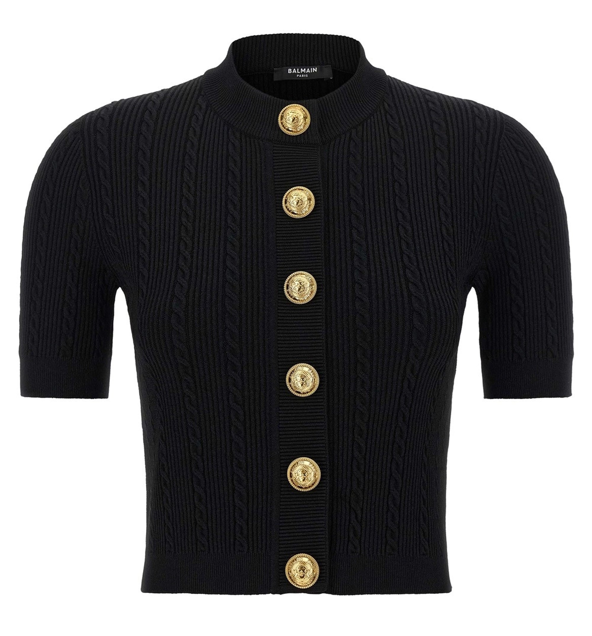 Crewneck Short-Sleeve Ribbed Cardigan