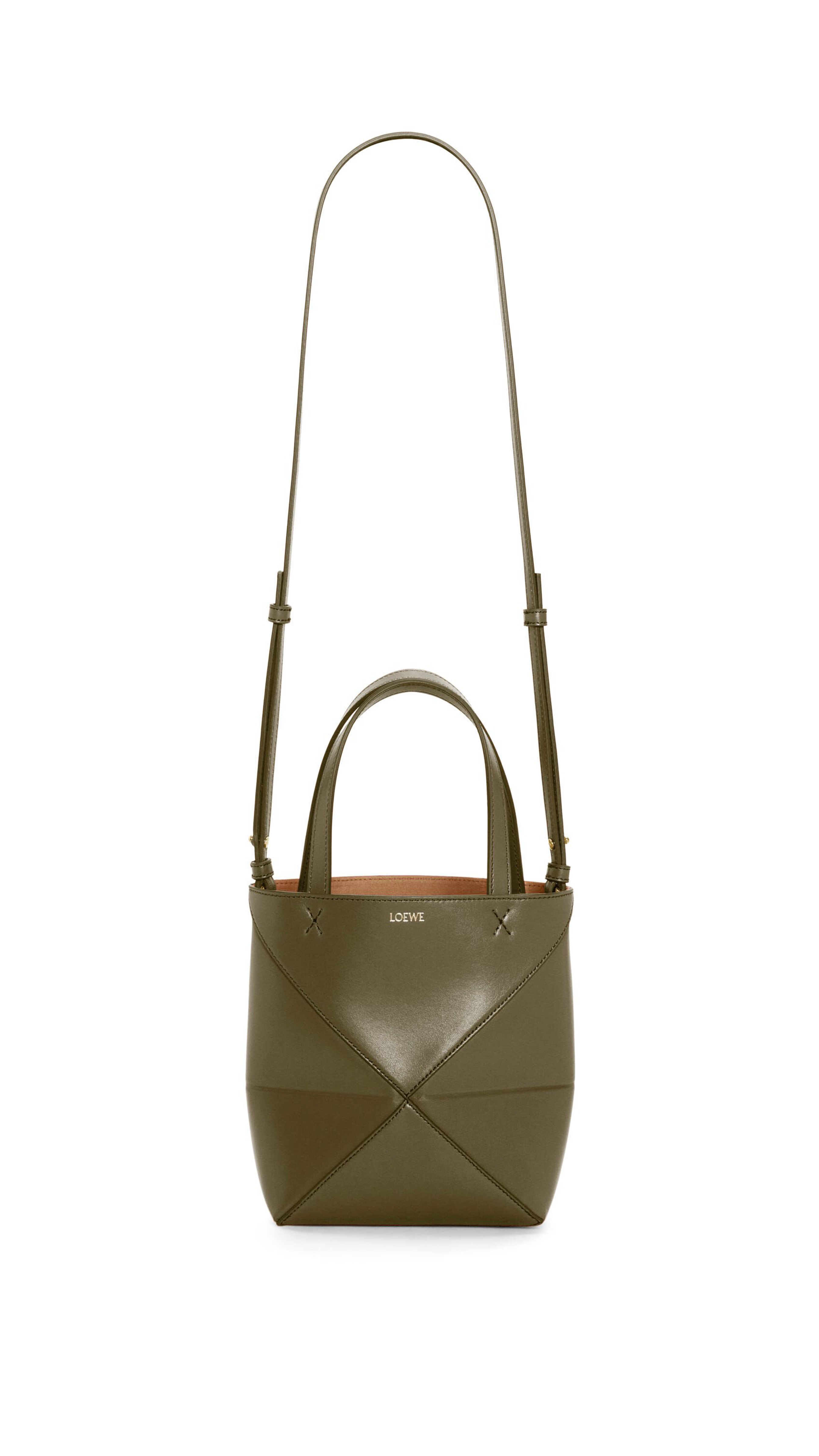 Mini Puzzle Fold Tote in Shiny Calfskin - Dark Khaki Green