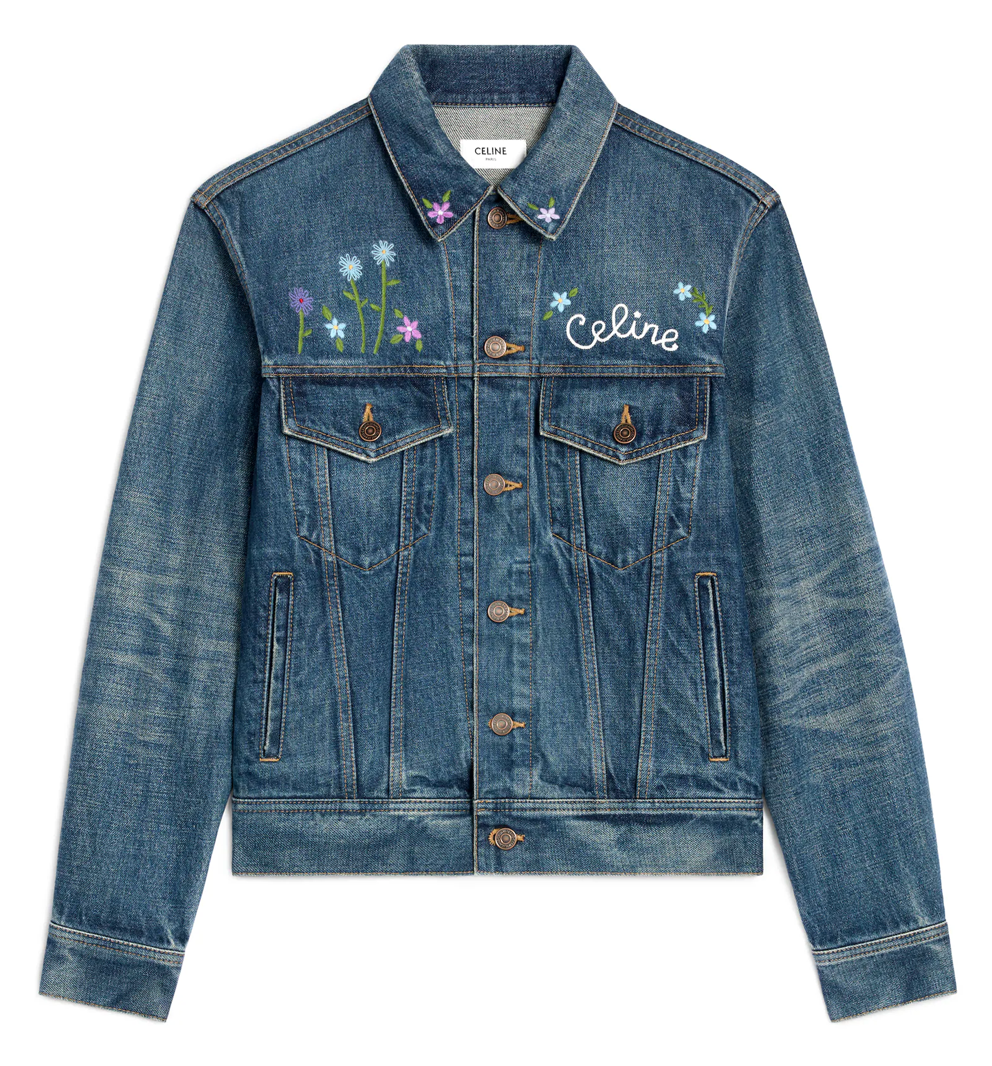 Trucker Jacket with Celine Paris Triomphe Embroidery - Dark Union Wash Denim