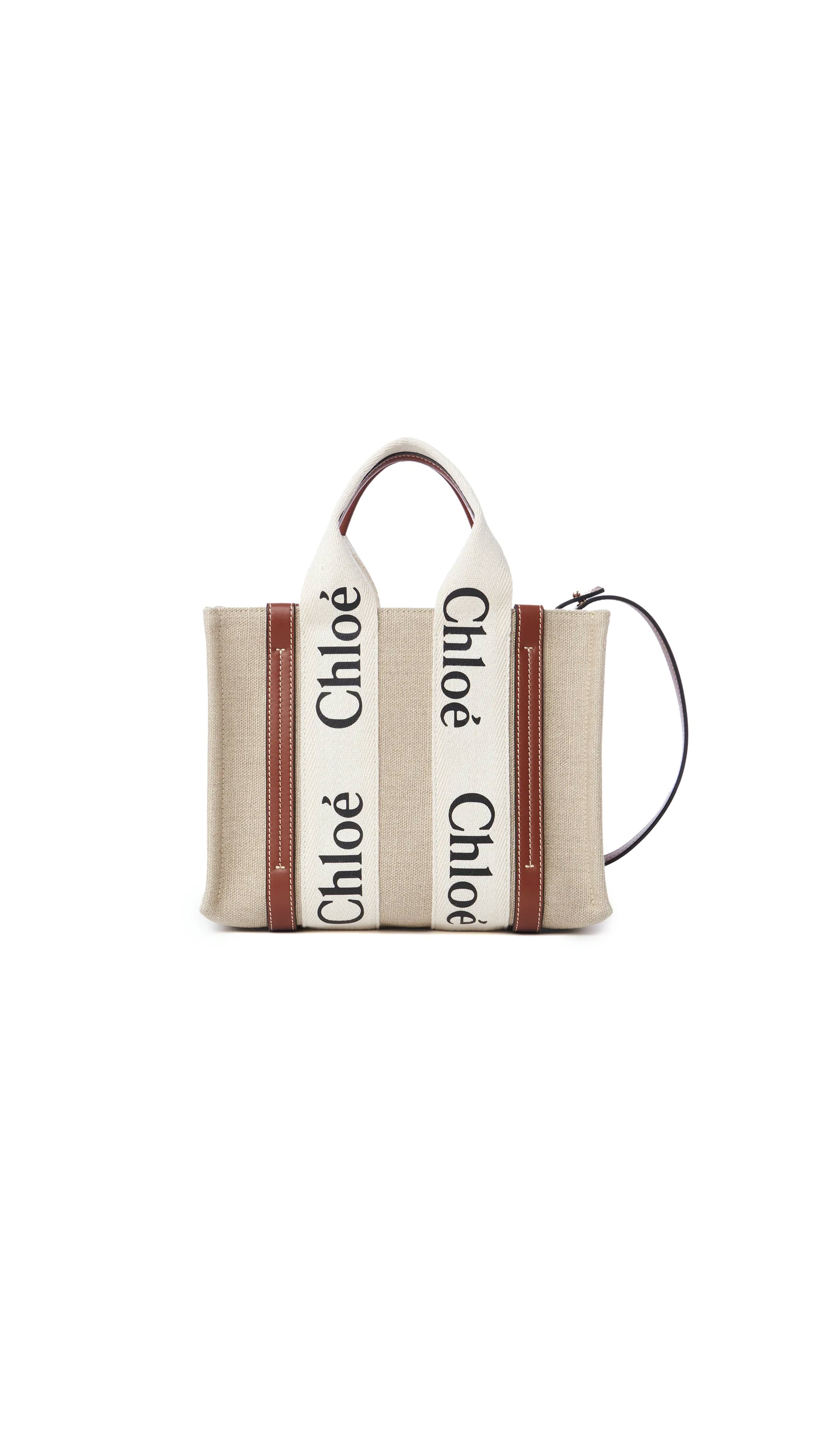 Small Woody Tote Bag In Linen - White/Brown