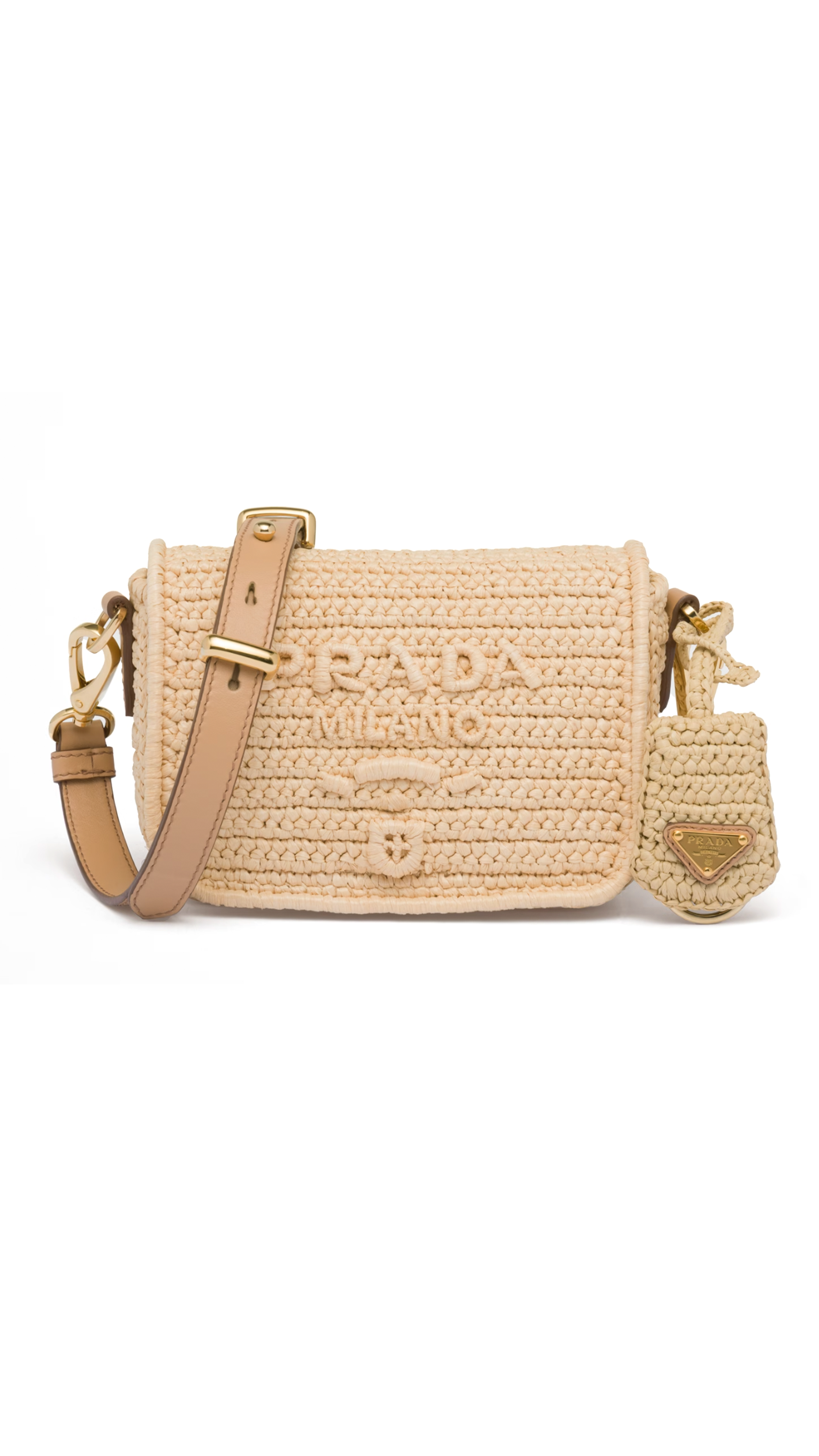 Crochet and Leather Shoulder Bag with Flap Closure - Natural