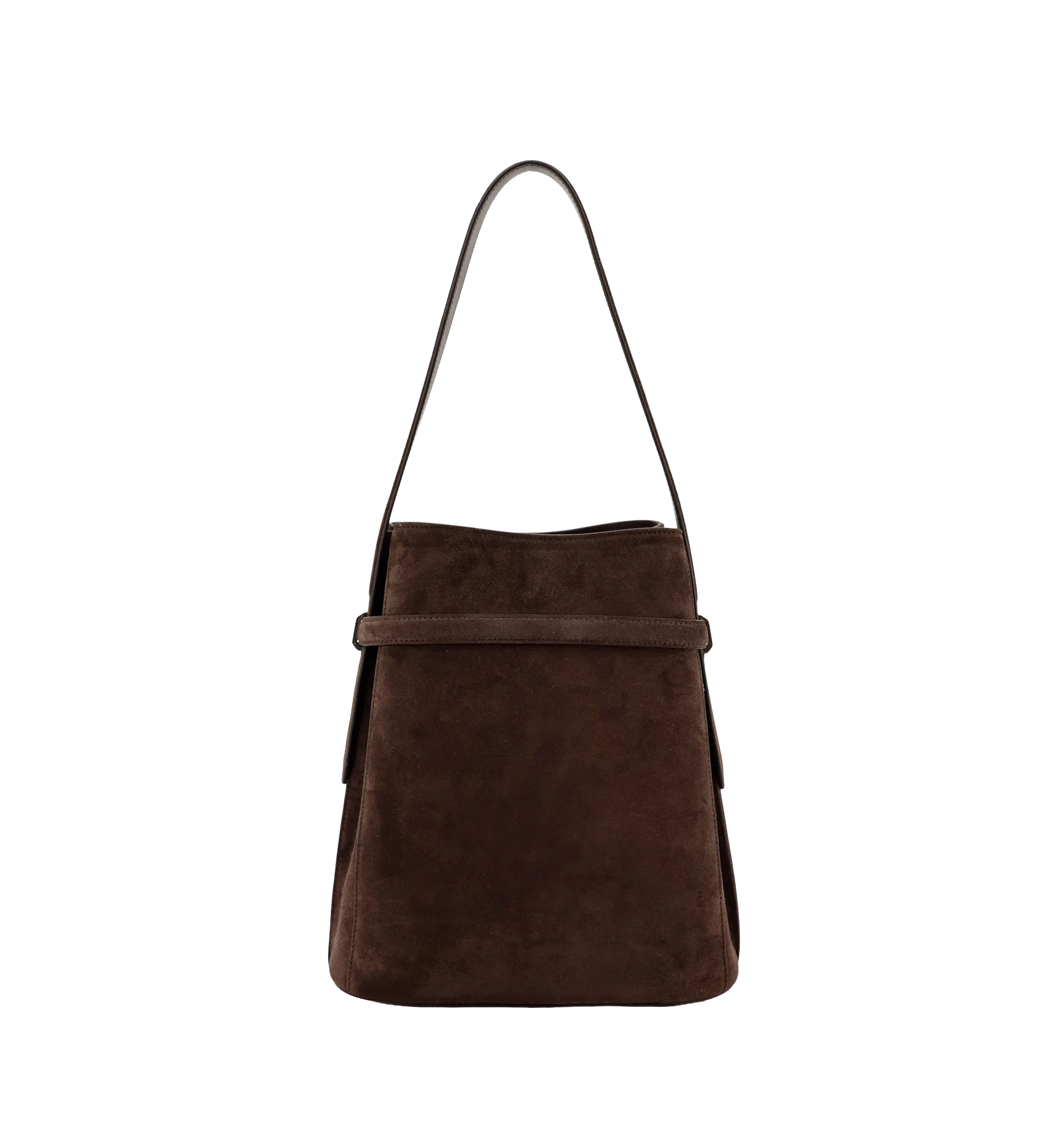 Belted suede bucket bag
