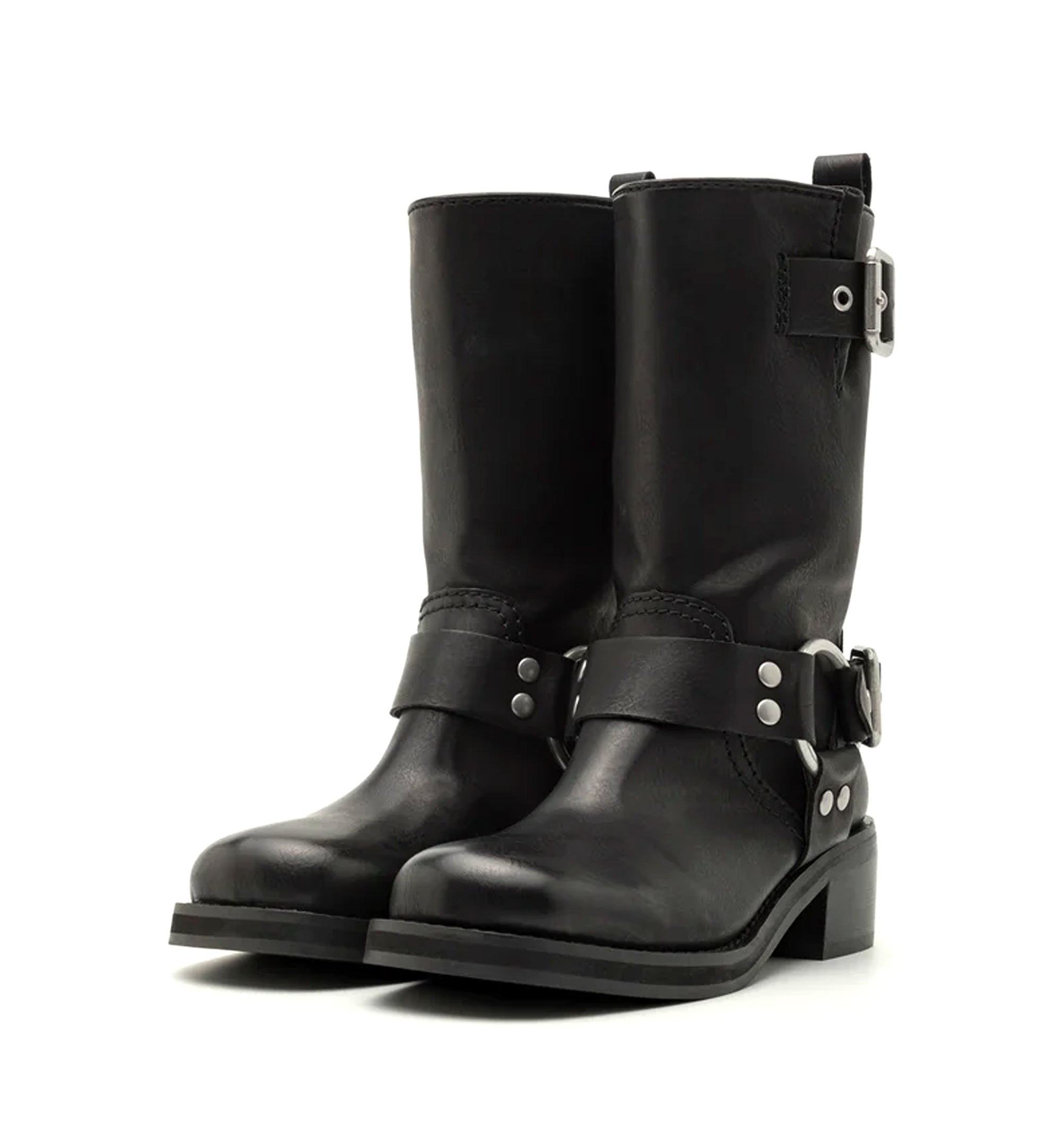 Kurt Boots in Black Leather with Silver Buckle