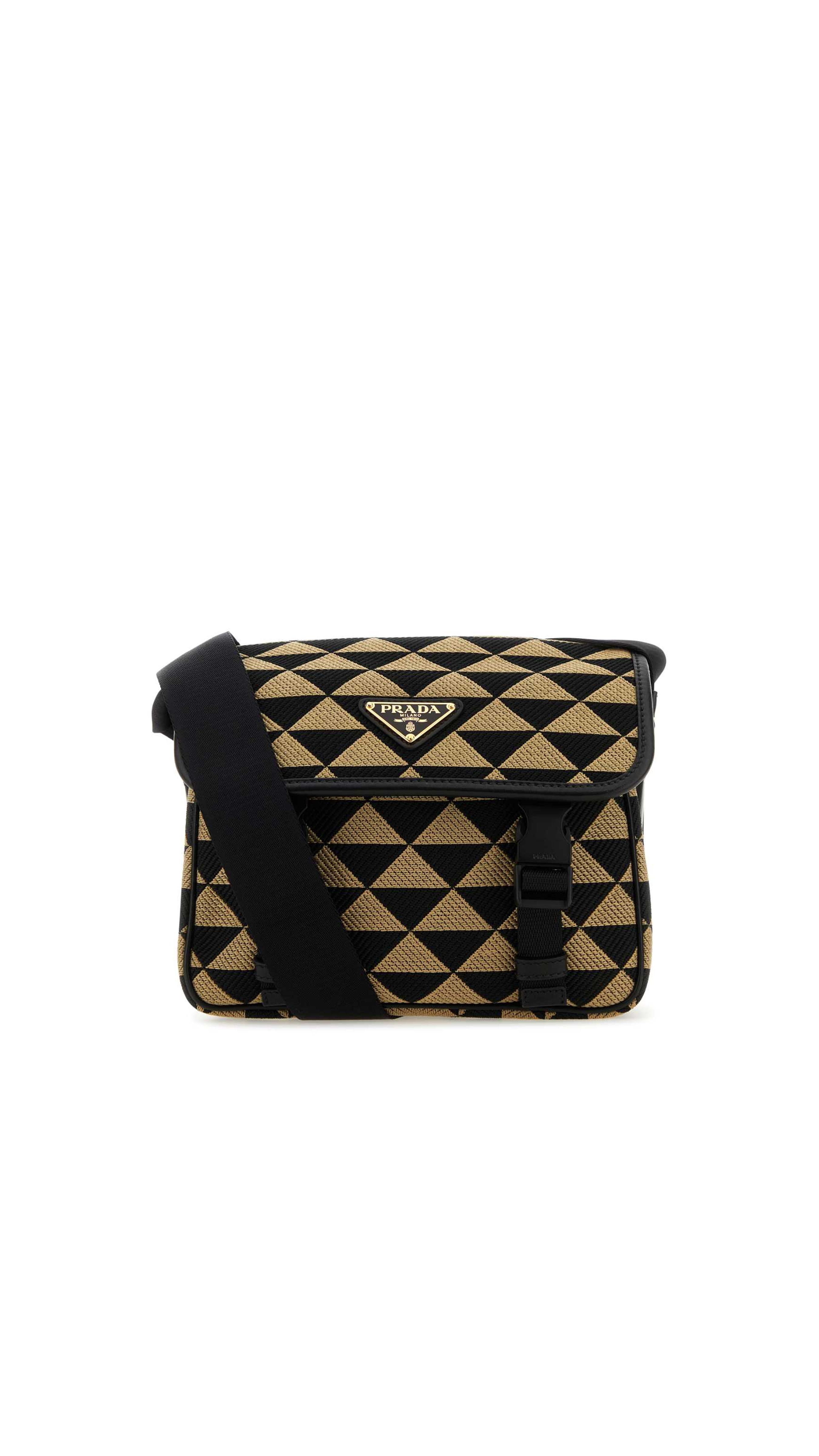 Prada Symbol Embroidered Fabric Bag - Black \ Beige