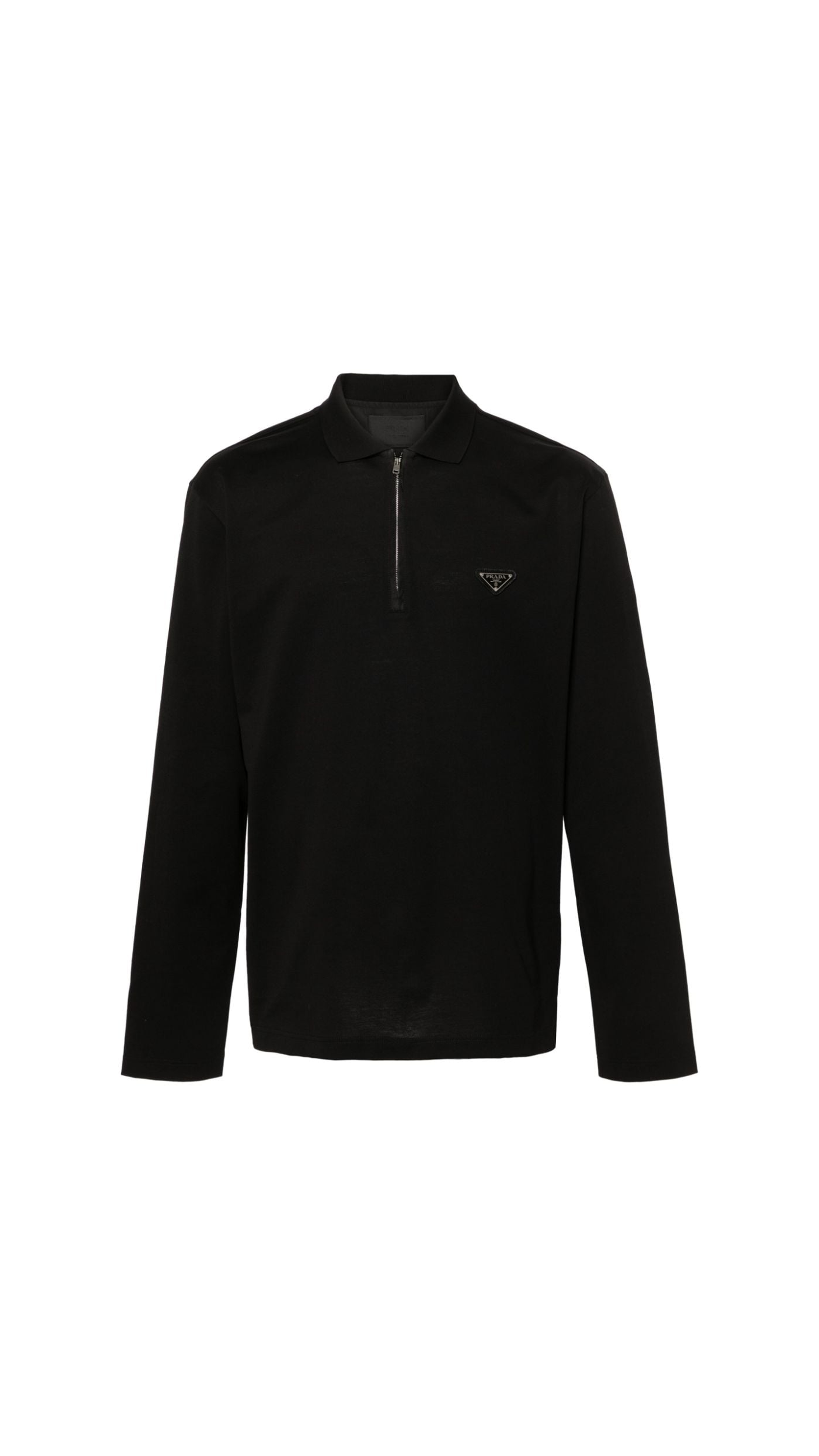 Cotton Piqué Long Sleeve Polo Shirt - Black