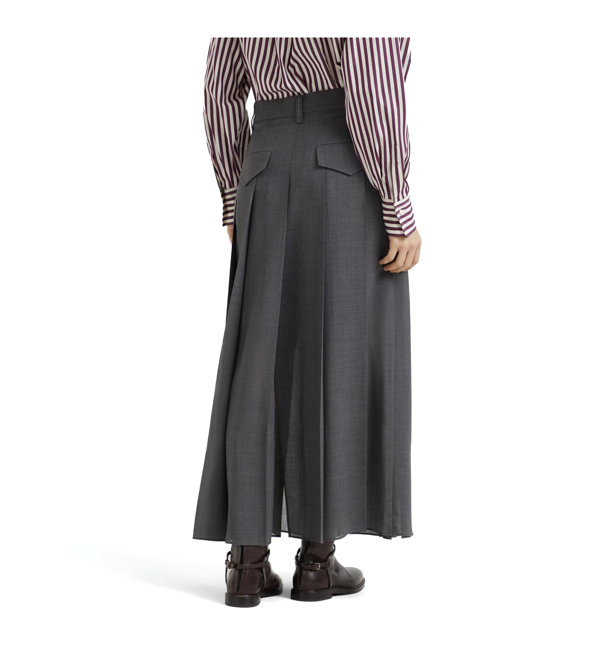 Techno Virgin Wool Gauze Long Pleated Skirt with Monili