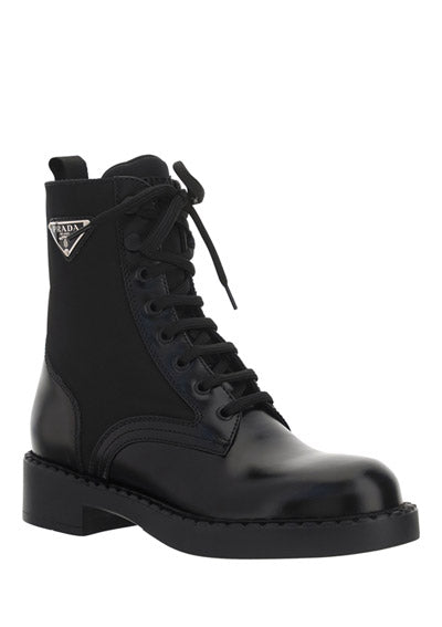 Brushed-Leather and Re-Nylon Boots - Black