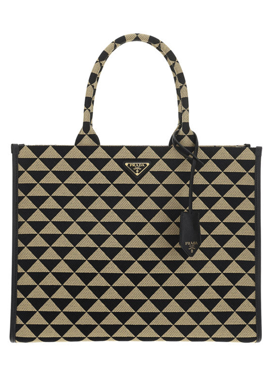 Large Prada Symbole Jacquard Fabric Handbag - Black / Beige